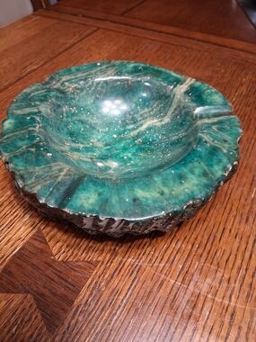 Vintage Alibaster-Rare-Teal Green Handcarved 1960s Ashtray Centerpiece Art Deco